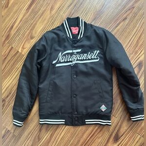 Women’s black bomber Narragansett Beer snap front white bad taste pvd  Large